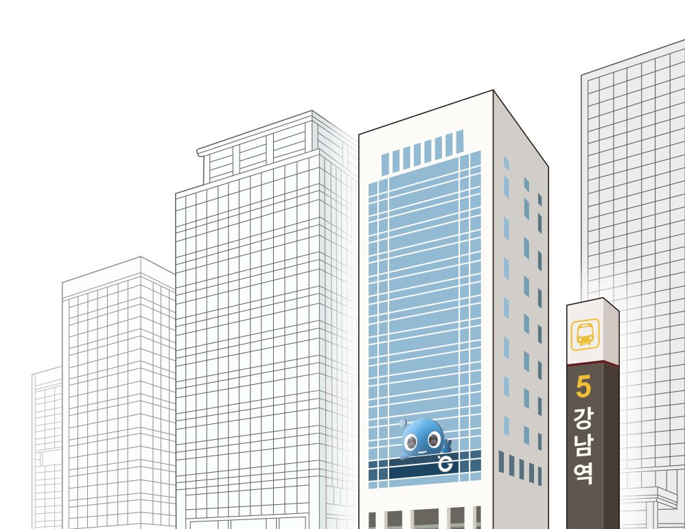 강남역 거리 선 그림 — 파란 유리 빌딩 위 병원 캐릭터와 'G' 로고, 지하철 '5 강남역' 표지