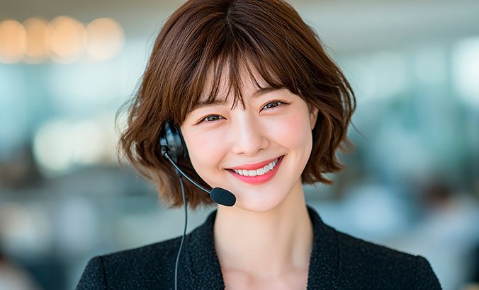 헤드셋을 쓰고 웃는 단발 여성 상담사